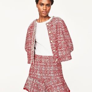 Zara Red Tweed Structured Mini Skirt with Ruffle